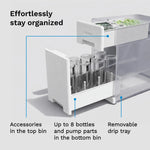 White bottle drying rack with labeled compartments for bottles, pump parts, and a drip tray on a light gray background. - product thumbnail