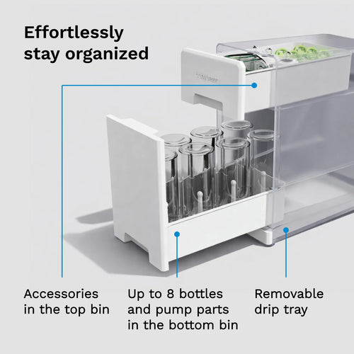 White bottle drying rack with labeled compartments for bottles, pump parts, and a drip tray on a light gray background. - product thumbnail