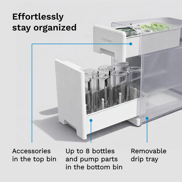 White bottle drying rack with labeled compartments for bottles, pump parts, and a drip tray on a light gray background. - product thumbnail