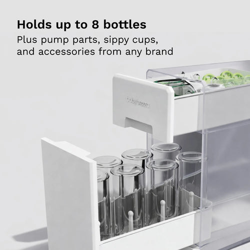 White drying rack drawer with bottles and pump parts on a light gray background, text indicating "Hold up to 8 bottles, plus pump parts, sippy cups, and accessories from any brand - product thumbnail