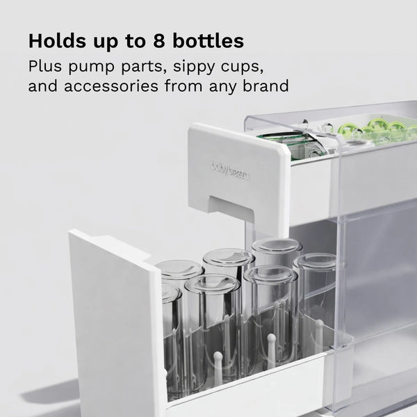 White drying rack drawer with bottles and pump parts on a light gray background, text indicating "Hold up to 8 bottles, plus pump parts, sippy cups, and accessories from any brand - product thumbnail