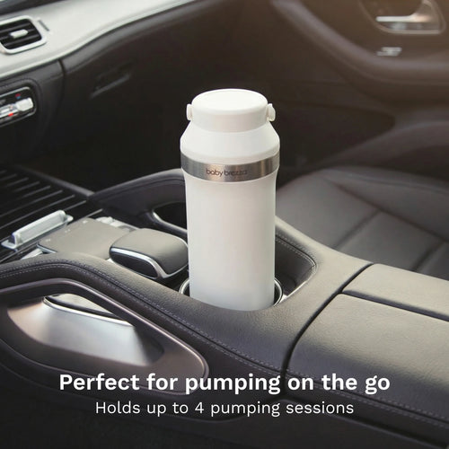 White breastmilk storage cooler in a car cup holder with text 'Perfect for pumping on the go' and 'Holds up to 4 pumping sessions'. - product thumbnail