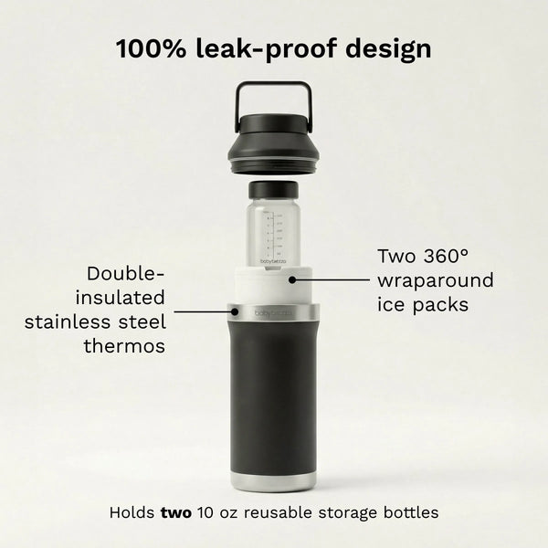 baby brezza portable breastmilk all day cooler 100% leak-proof design with double-insulated stainless steel thermos, two 360 degree wraparound ice packs, holds two 10 oz reusable storage bottles - product thumbnail
