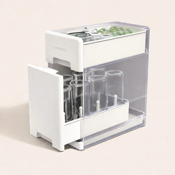 Baby bottle covered drying rack and organizer with clear protective lid, holding up to 8 bottles, pump parts and accessories on a compact countertop. - product thumbnail