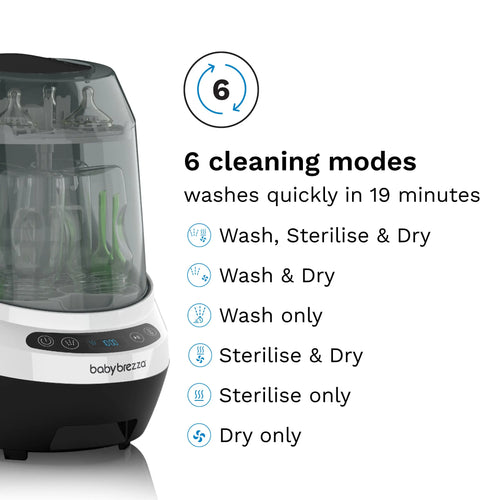 Baby Brezza Bottle Washer Pro with display of 6 cleaning modes.  EN - product thumbnail
