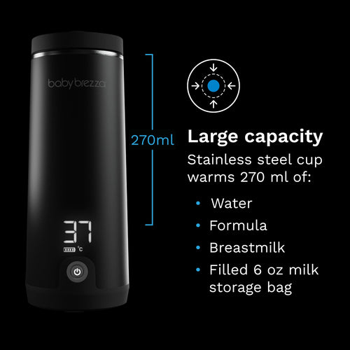 EN Black portable warmer with digital temperature display on a black background, featuring text about its capacity and uses. - product thumbnail