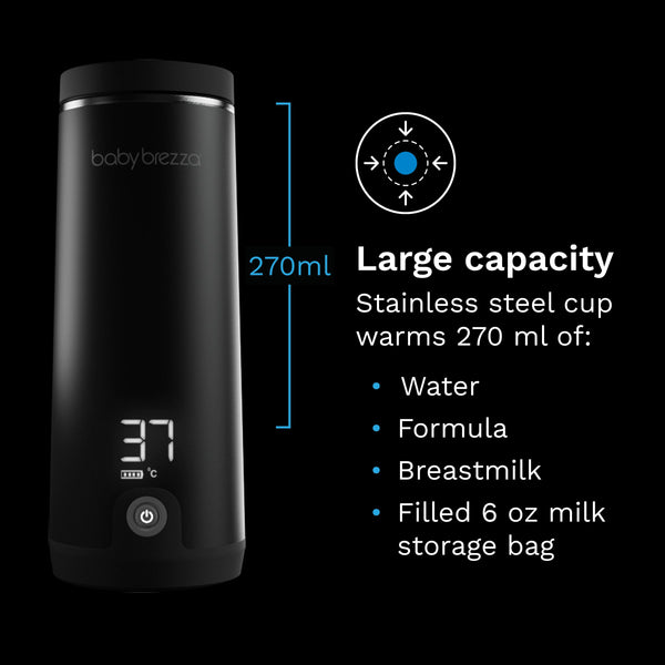 EN Black portable warmer with digital temperature display on a black background, featuring text about its capacity and uses. - product thumbnail