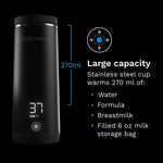 EN Black portable warmer with digital temperature display on a black background, featuring text about its capacity and uses. - product thumbnail