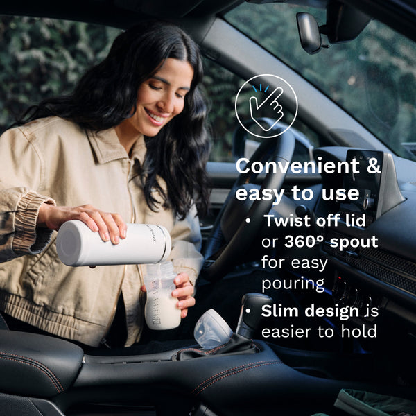 EN Woman in a car pouring from a portable warmer with text about its features. - product thumbnail