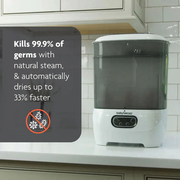 Baby Brezza Sterilizer Dryer with steaming function kills 99.% germs banner - product thumbnail