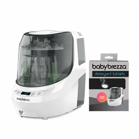 All White Baby Brezza Bottle Washer Pro with a 120-tablet detergent pack